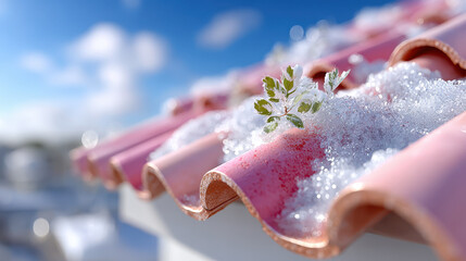 Snow-covered red clay roof tiles with winter frost and ice close-up