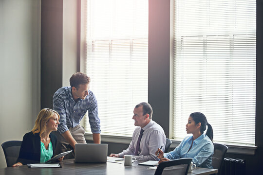 Laptop, meeting or business people with tablet in office, financial report or company tax discussion. Transaction management, tech or accounting team with bank account audit, planning or cost savings