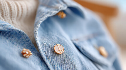Peace symbol enamel pin on denim jacket highlighting casual fashion accessories