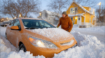 Winter morning routine: bundled adult clearing snow from car in residential neighborhood
