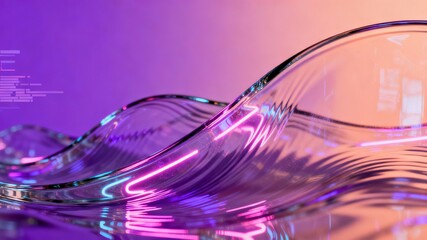 Abstract background gradient featuring vibrant purple and peach tones with shimmering wave patterns neon light distortion on soft glass surfaces highlighting contours depth motion atmosphere energy mo