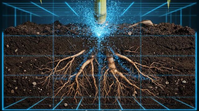 Detailed cross-section of plant roots absorbing nutrients and water from soil.