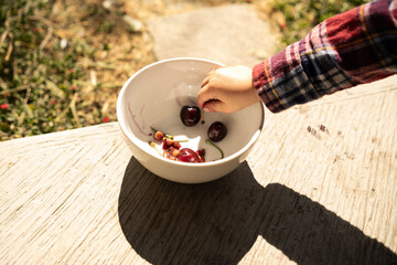 Toddler hand reaches for cherry in bowl outside