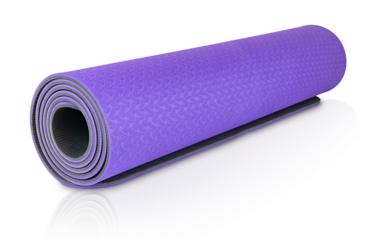 A rolled-up purple yoga mat on a white background.