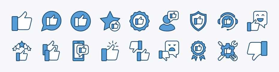 Set of thumb up and thumb down icon button. Like, dislike, yes, no, good, bad, confirm, approve. Contains service and support, security, communication, badge, social media conversation - vector