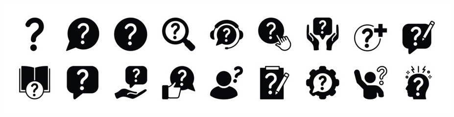 Question mark icon button set. Contains asking, problem, confusion, query, information, FAQ, help, support, advice, guide, researching, conversation quiz - vector illustration