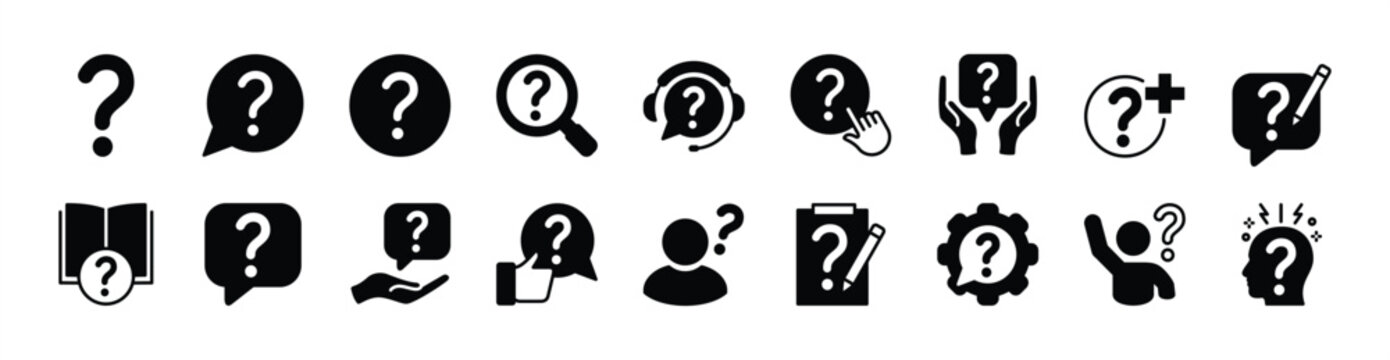 Question mark icon button set. Contains asking, problem, confusion, query, information, FAQ, help, support, advice, guide, researching, conversation quiz - vector illustration