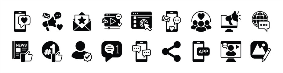 Social media icon set. Contains business marketing, website, advertising, online communication, community, news, share, app, streaming, message, blog, verified profile - vector illustration