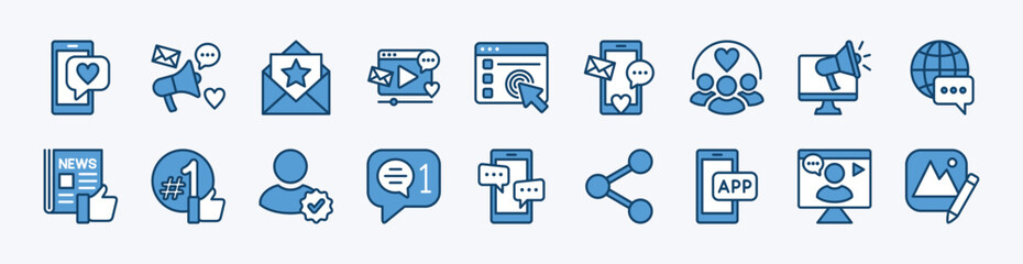 Set of social media icon. Contains business marketing, website, advertising, online communication, community, news, share, app, streaming, message, blog, verified profile - vector illustration