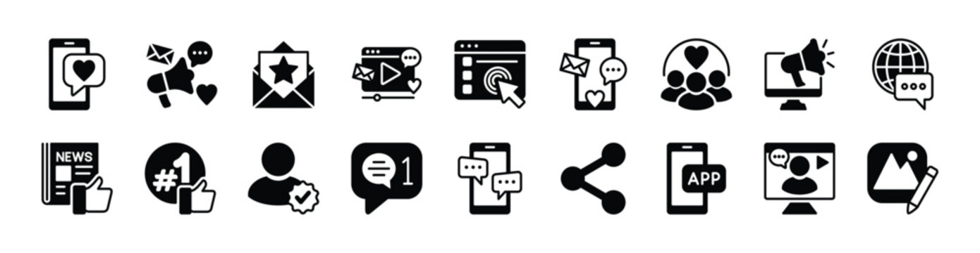 Social media icon set. Contains business marketing, website, advertising, online communication, community, news, share, app, streaming, message, blog, verified profile - vector illustration