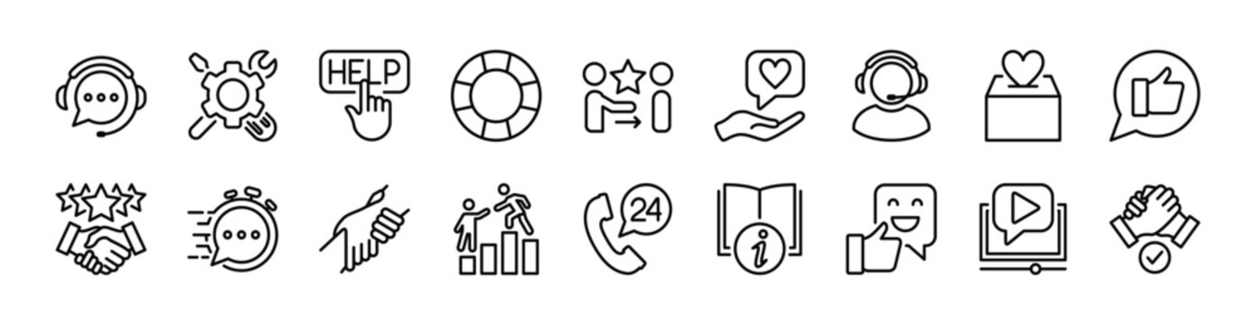 Technical support icon set. Contains Customer or client service, help, assistance, operator, feedback, donation, cooperation, fast response, 24 hour call, lifebuoy, guidebook, rescue, teamwork. Vector