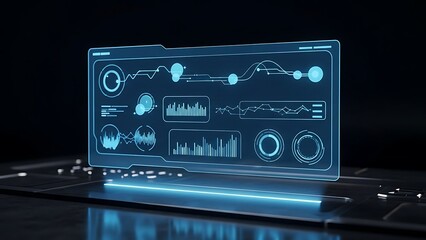Futuristic laptop displaying glowing blue data analytics interface on dark background.