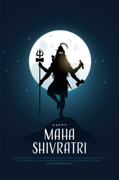 Happy maha Shivratri, a Hindu festival celebrated of lord shiva night. Creative vector illustration design with silhouette of lord shiva as nataraja standing on Himalayas.