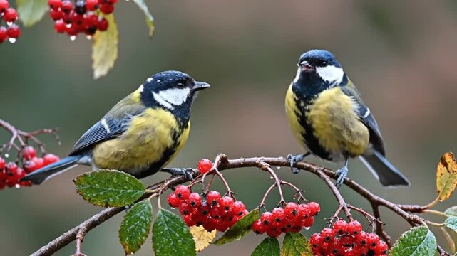 Two great tits perch on a wet rowan branch one pecking berries