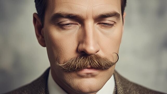 Close up portrait of a man with a large handlebar mustache and blue eyes.