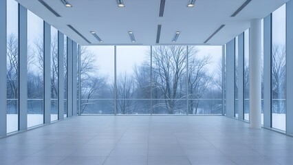 雪景色と調和するオフィス内観