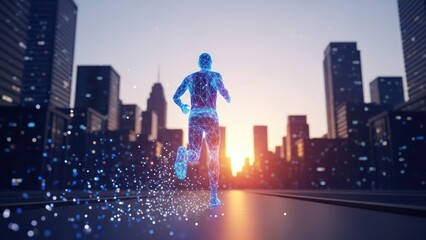 Digital athlete running through a cityscape at sunset. Blue outline glows