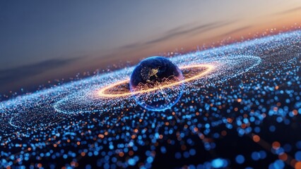 Digital rendering of Earth surrounded by a glowing network of data particles in space