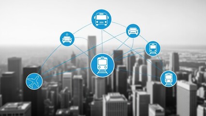 Digital illustration depicts interconnected transport icons over a blurred city skyline