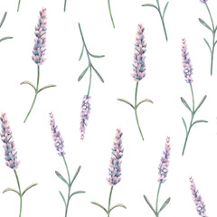 Obraz premium Seamless provence pattern, lavender flowers with leaves. Hand-painted watercolor illustration isolated on white for textile, packaging, stationery, wallpaper, branding, wedding design, romantic decor.