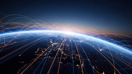 Globe showcasing global network connections via glowing lines, dawn breaking in the background
