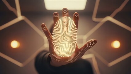 Glowing fingerprint overlaid on open hand, futuristic tech backdrop