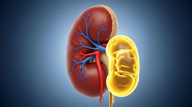 Detailed 3D Render of a Healthy Human Kidney with a Glowing Yellow Healthy Counterpart Against a Blue Gradient Background