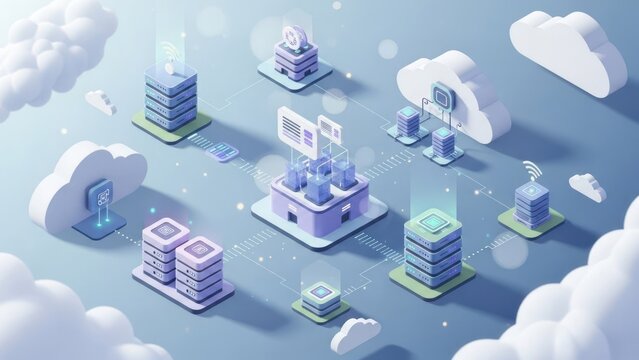 Isometric cloud computing illustration showing interconnected servers, data flow, & clouds - Powered by Adobe