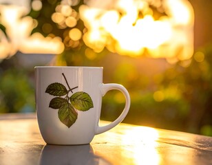 White mug with leafy design on a wooden surface with blurred golden light background