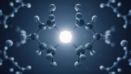 Molecular structure radiating light, symmetrical design, dark blue background