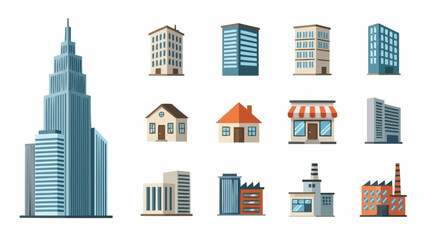 Collection of Diverse Building Icons and Illustrations.