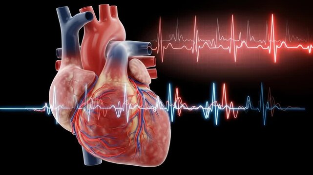 A detailed 3D render of a human heart with red and blue electrocardiogram waves pulsing against a stark black background, symbolizing medical science and cardiology.