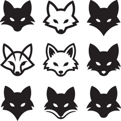 Fototapeta premium set of black and white fox head icons in different styles and poses