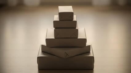 Stacked, wrapped gifts of varying sizes, arranged in a pyramidal shape on a wooden floor