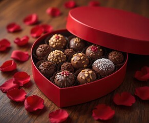 Romantic chocolate box with assorted truffles and rose petals