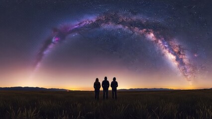 Fototapeta premium Three figures gaze at an expansive, vibrant Milky Way arching over a dark landscape