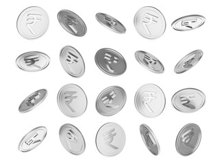 Falling silver Indian Rupee coins on black background, finance concept.