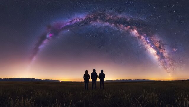 Three figures gaze at an expansive, vibrant Milky Way arching over a dark landscape