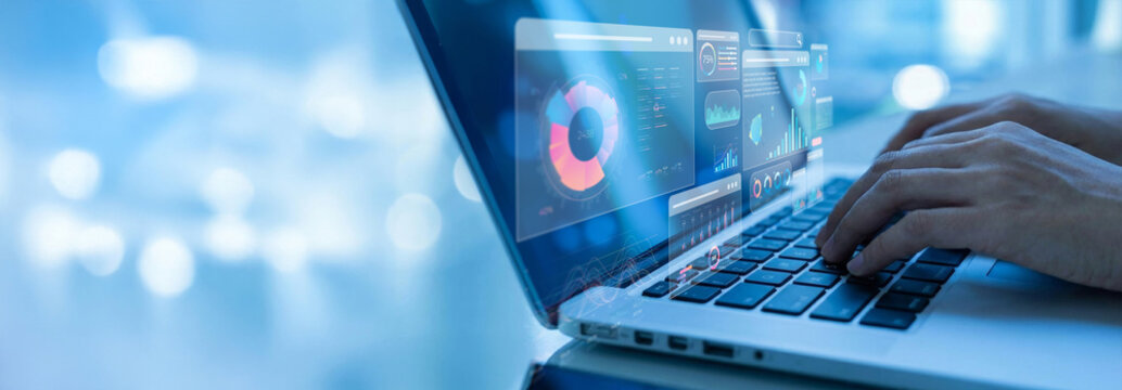 woman analyst uses a computer AI artificial intelligence and dashboard for data business analysis. This comprehensive approach leverages our Data Management System with KPI and metrics connected 