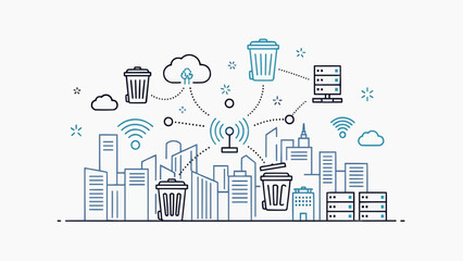 Cityscape illustration showing waste management and technology integration in urban environment from a panoramic viewpoint