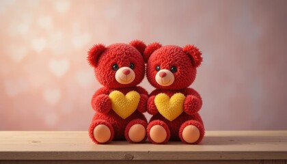 Two adorable red teddy bears holding hearts on a wooden surface