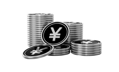 Silver Yen coins stacked, symbolizing finance, economy, wealth, and Japanese