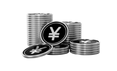 Silver Yen coins stacked, symbolizing finance, economy, wealth, and Japanese