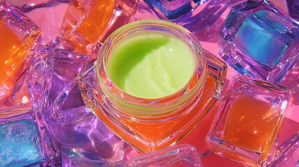 Vibrant cosmetic cream in glass jar surrounded by colorful ice cubes on pastel pink background perfect for beauty and skincare concepts