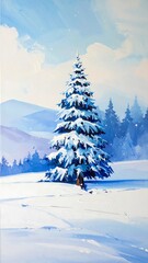 Winter landscape shows snow covered evergreen, mountains, light blue sky, soft colors, creating a peaceful winter scene