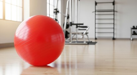 A red exercise ball in a gym with a barbell and weights in the background.