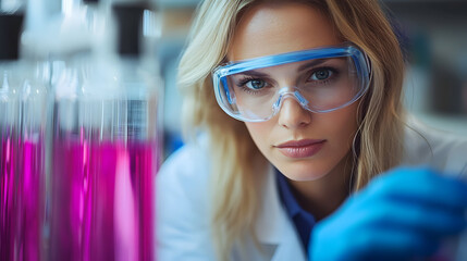Female scientist in a lab analyzing colorful liquids in test tubes, focused on her research in a modern laboratory