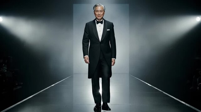 Man walks runway in tuxedo. Model presents fashion tailcoat and bowtie with elegant formal style and refined. Catwalk atmosphere shows spotlight and confidence. Audience observes poised presentation.