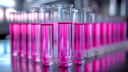 Rows of glass test tubes filled with vibrant pink liquid, showcasing a laboratory setting with blurred equipment