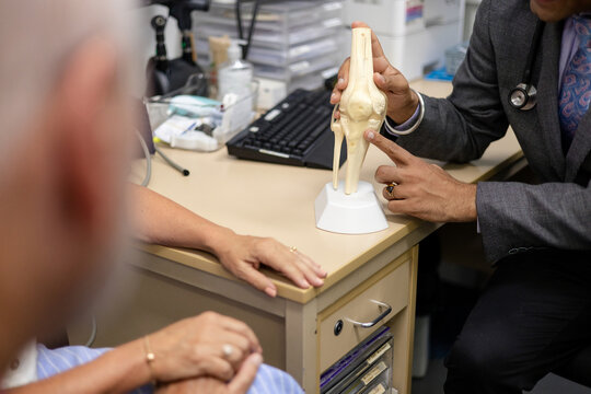 Doctor pointing on human knee joint model on the desk